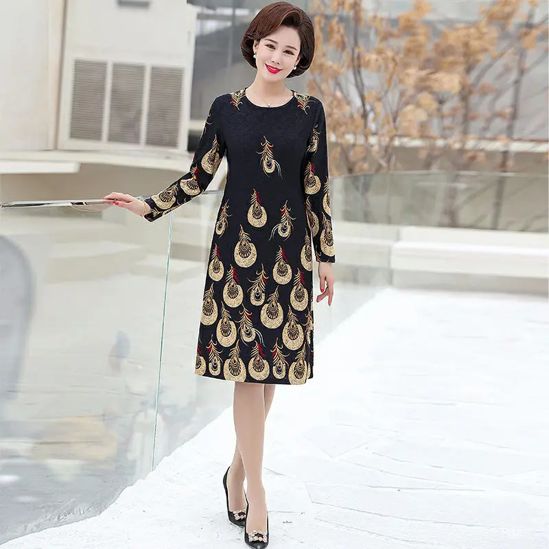 Knitted Dress New Mom Long Sleeve Dress Women\'s Printed Dress