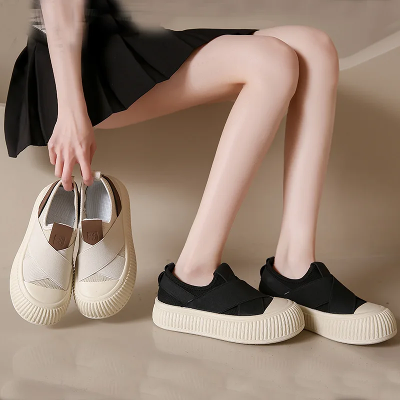 Flying Woven Loafer Shoes Cream Color Breathable Skin Friendly Small White Shoes for Women Spring New Soft Sole Casual Shoes