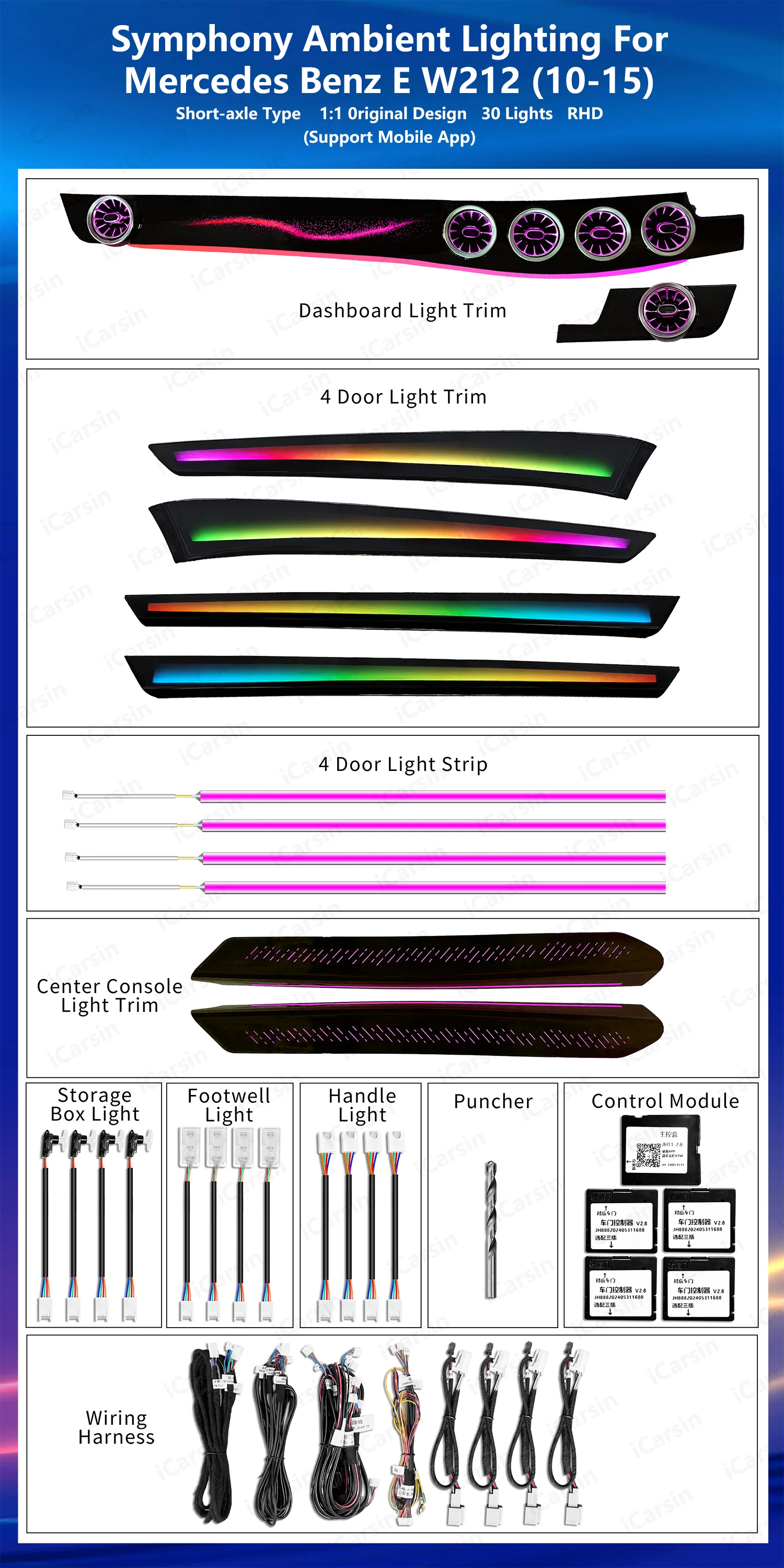 ICarsin For Mercedes Benz E Class W212 Ambient Light 64 Color Magic Turbine Air Outlet New 12V Interior Car Light Accessory