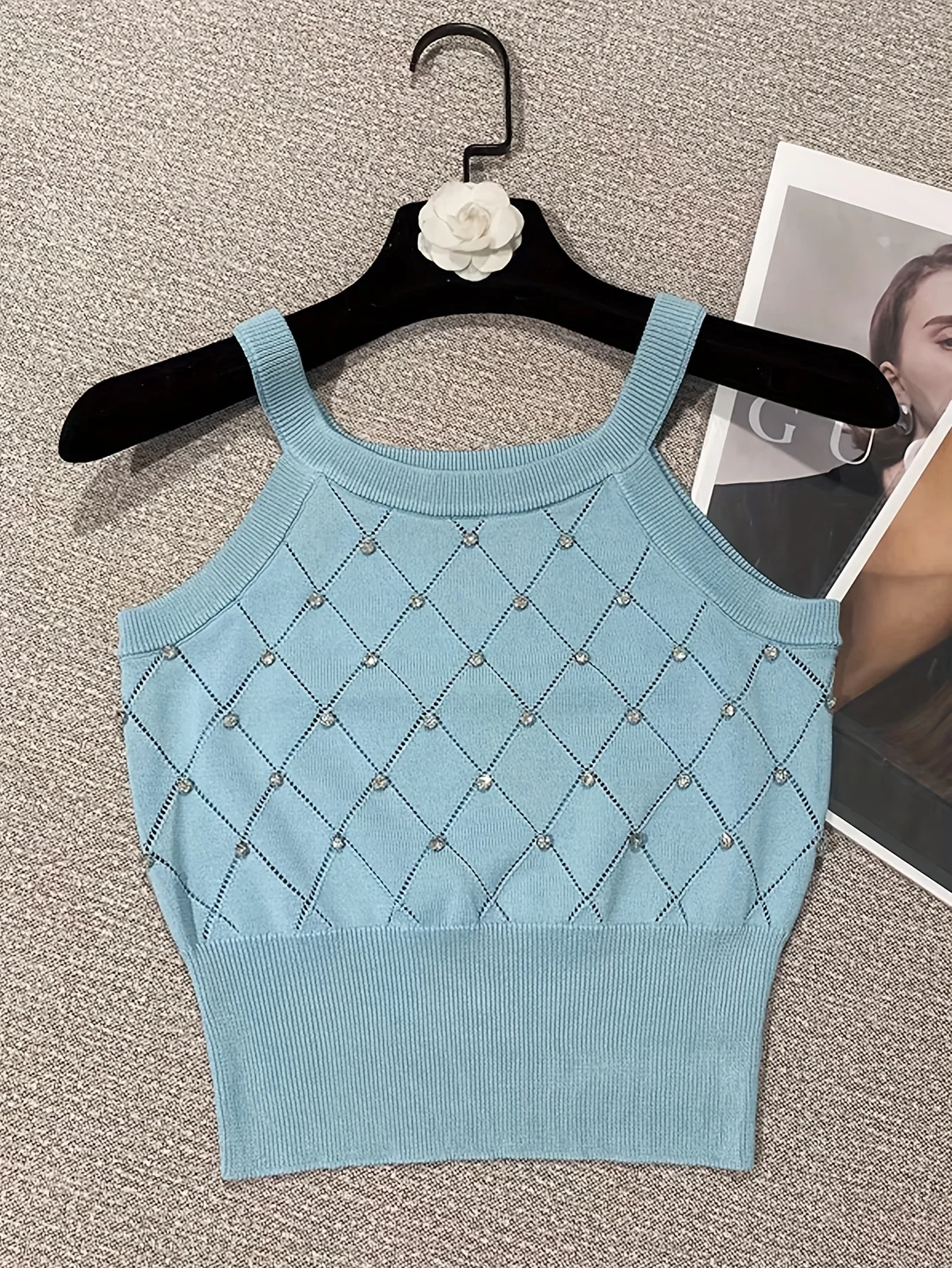 Solid Rhinestone Eyelet Spaghetti Top Casual Crew Neck Sleeveless Knitted Cami Top For Spring Summer Women\'s Clothing Crop Top
