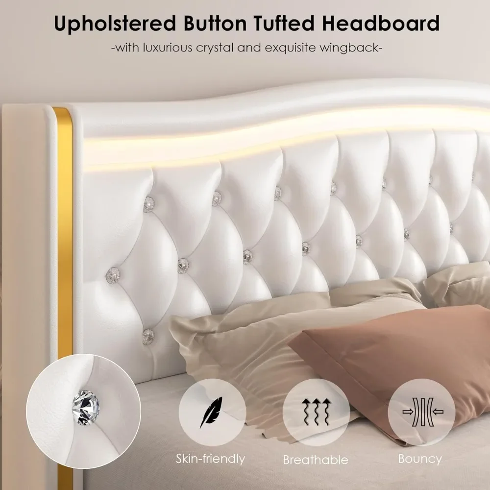 Queen Smart LED Platform Bed Frame with 4 Storage Drawers, Crystal Button-Tufted & Stainless Gold Trim Wingback Headboard,White image 5
