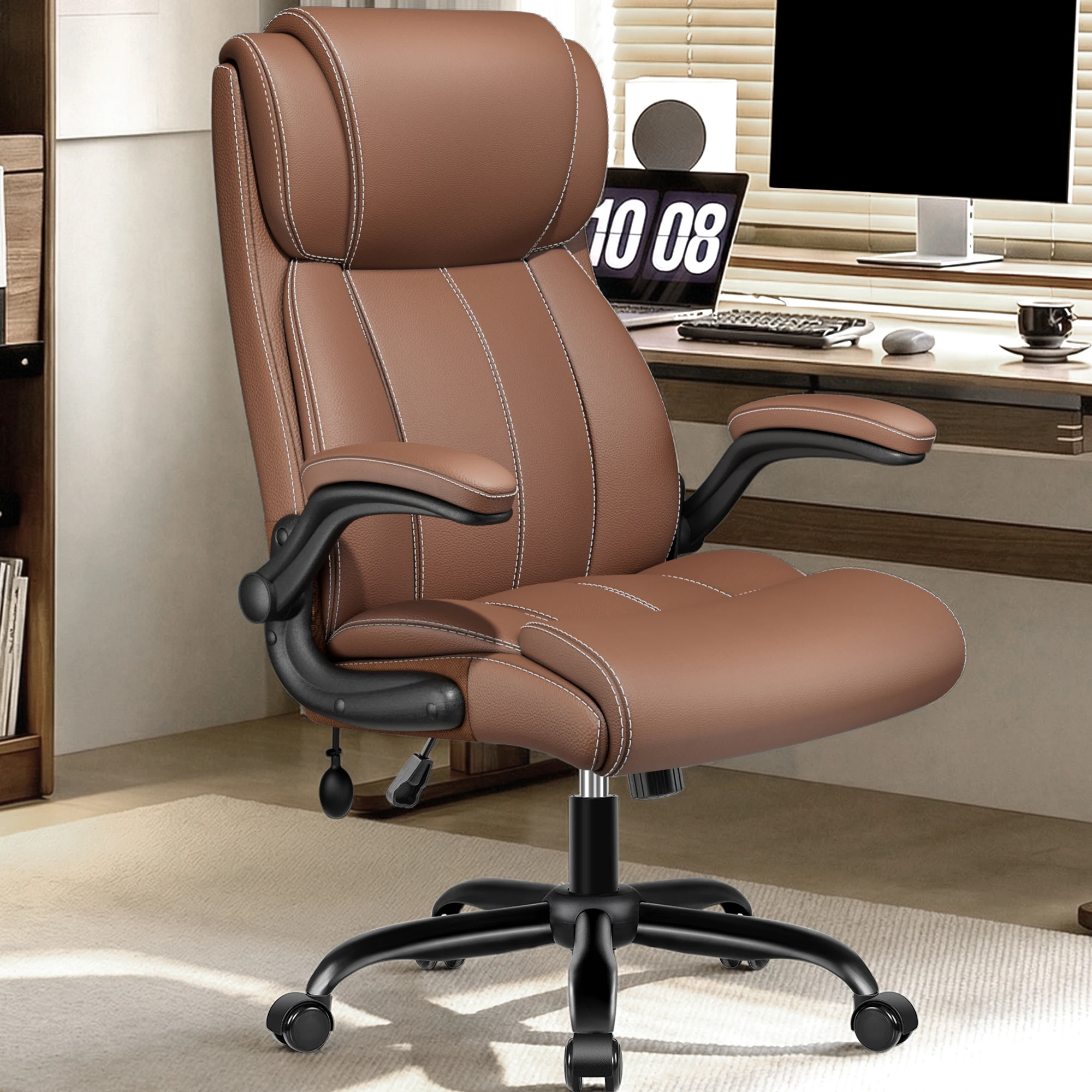 KERDOM Leather Office Chair, 360°Swivel Free, Ergonomic Executive Chairs with Wheels and Adjustable Armrests, Computer Desk Chairs with Lumbar Support, Strong Metal Base, Black