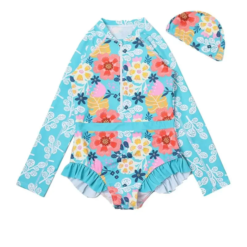 6-12 Years Long Sleeve Swimsuit with Swim Hat Flower Ruffled Beach Bodysuit Children Girls One-Piece Swimsuit Summer Kids Bikini