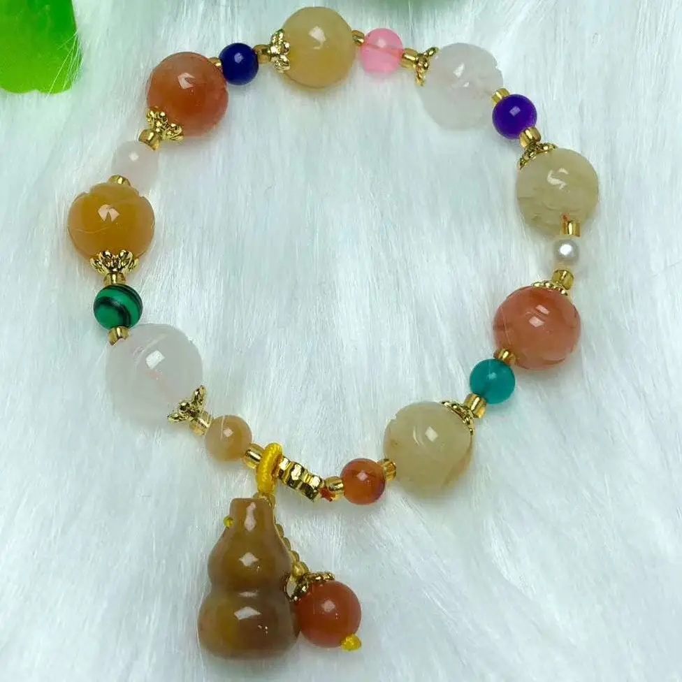 Fashion Natural Lighter Imperial Jade Yellow Lotus Beads Hulu Hanging Bracelet For Women Men Jewelry