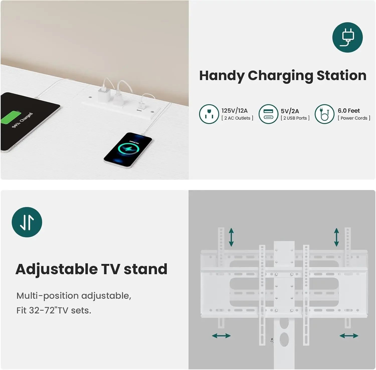 حامل تلفزيون مع حامل لأجهزة التلفاز مقاس 45/55/65/70 بوصة، حامل تلفزيون LED مقاس 51.2 بوصة مع منافذ طاقة وتخزين، مركز ترفيهي مع مساحة تخزين #5
