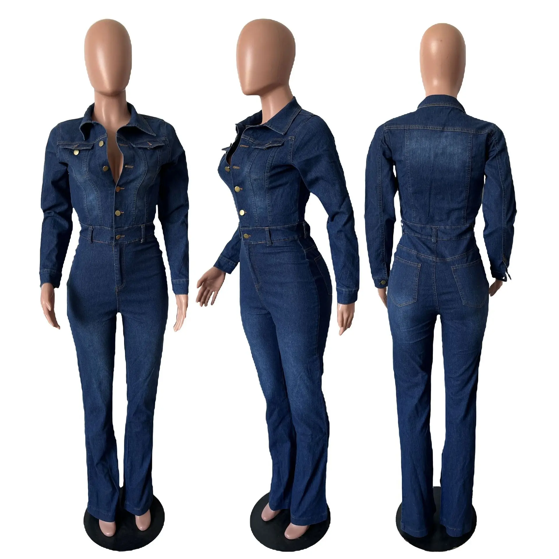 Fashion Women 2024 Long Sleeve Jumpsuit Slim Comfortable Casual Mid-Waist Solid Color Woman Ladies Jumpsuit Pants