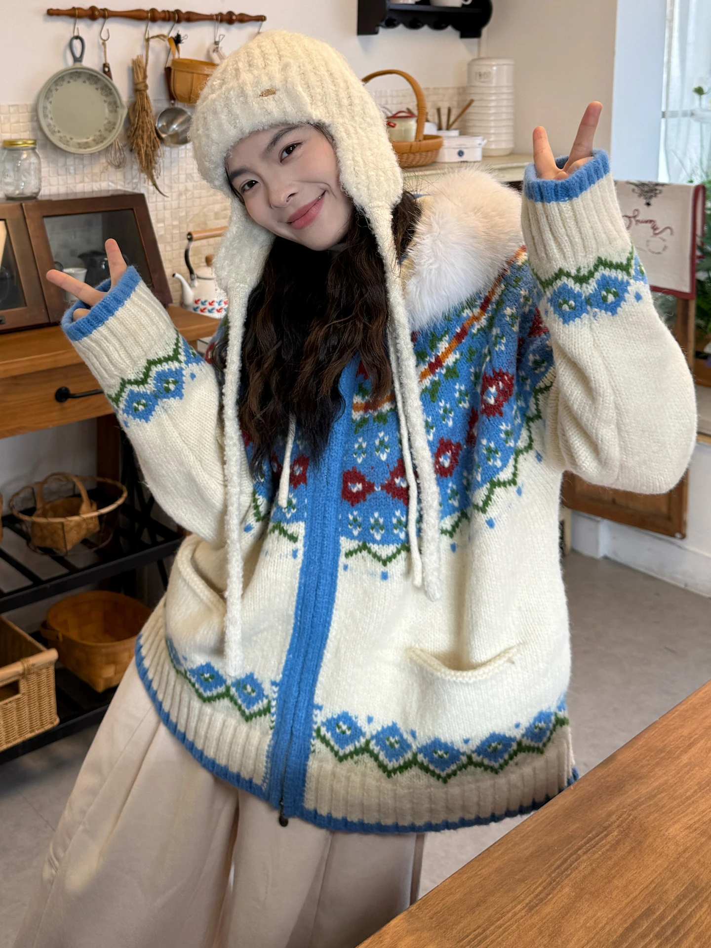 

Корейский ретро-кардиган с капюшоном в стиле Fair Isle, вязаный, женский, осенне-зимний, больших размеров, свободный, утепленный, в стиле оверсайз, свитер-пальто