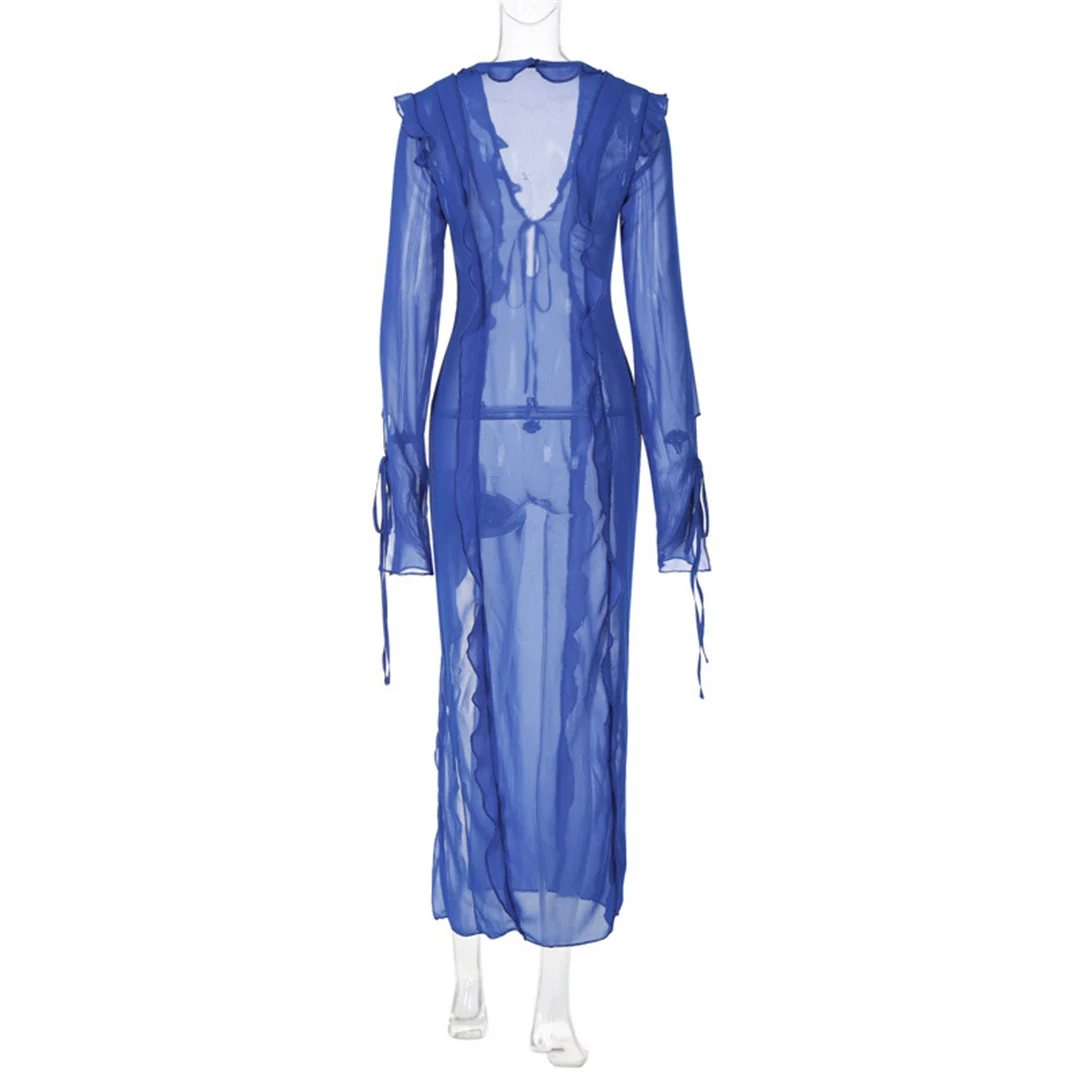 Langes Kleid mit tiefem V-Ausschnitt und hohem Schlitz, Rüschen, Strand-Cover-Up, Bikini-Cover-Up, Strandkleid, Strandmode, Damen V4440 – Detail 16