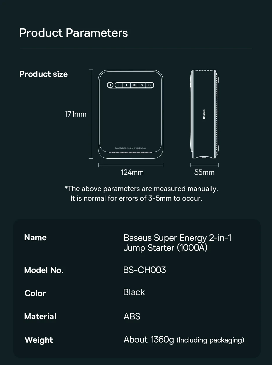 Baseus 1000A Auto-Starthilfe Powerbank 2-in-1 mit Luftpumpe, tragbarer Auto-Batterie-Booster für Notstartgeräte im Auto – Detail 25