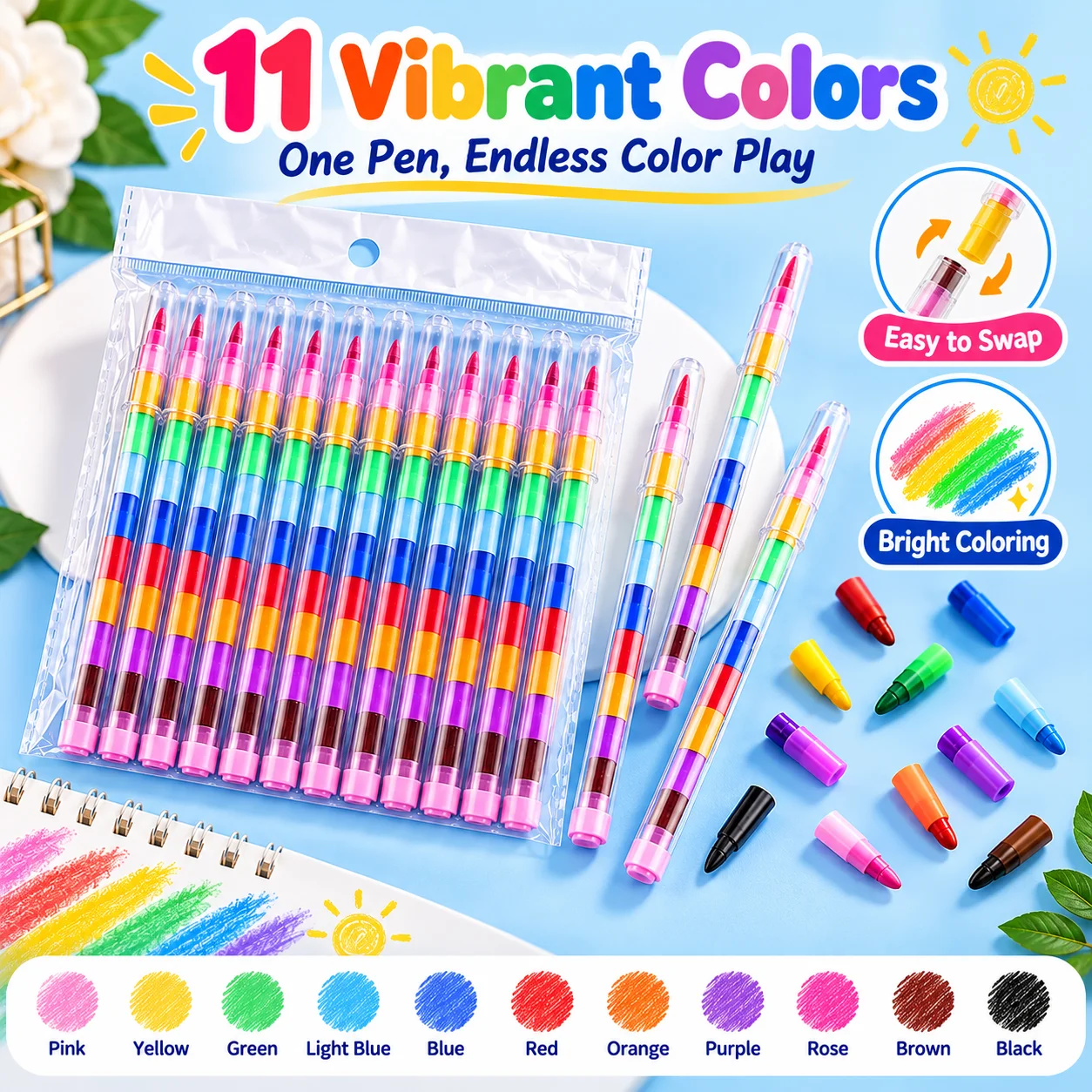 11 Colors Stackable Crayon Pen Creative Drawing Tool Kids Art Supplies DIY Coloring Pencil Set School Gift
