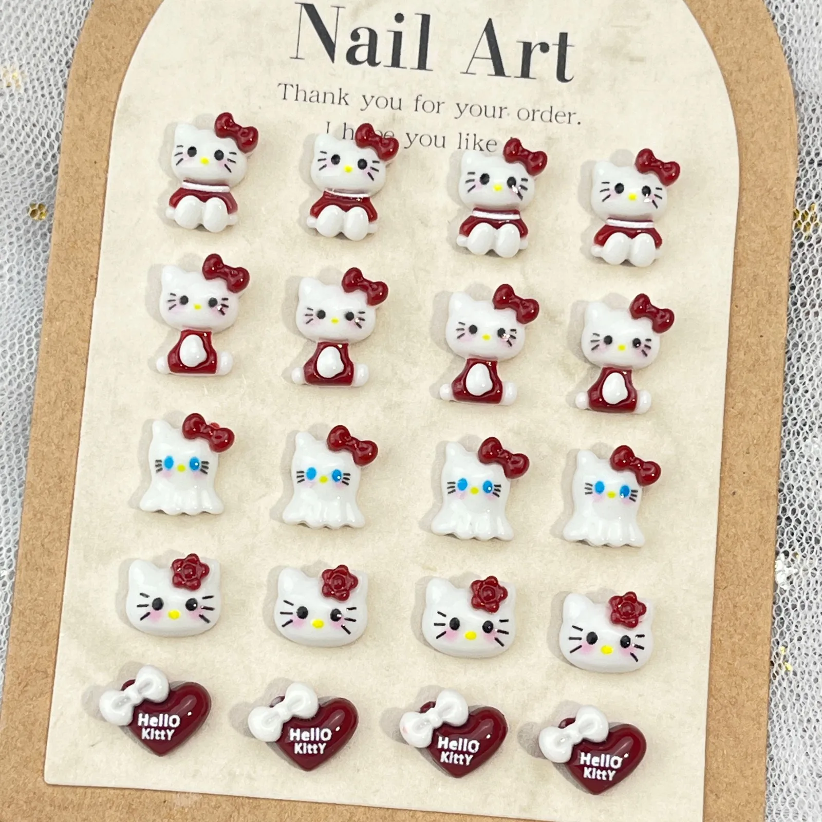 Anime Hello Kitty Kawaii Three-dimensional Nail Tips Patch Accessories Burgundy Love Bow Diy Handmade Nails Art Phone Case Decor