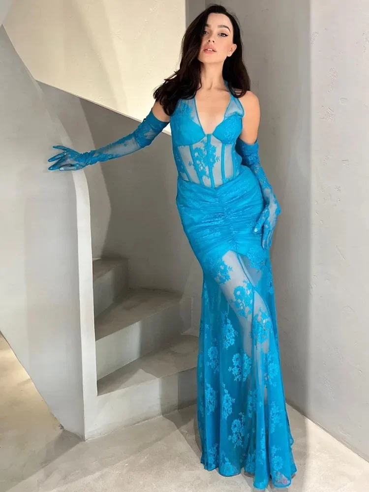 

Luxury Vintage Party Dress Women 2024 New Designer Blue Lace Embroidery Maxi Long Celebrity Evening Gowns with Gloves