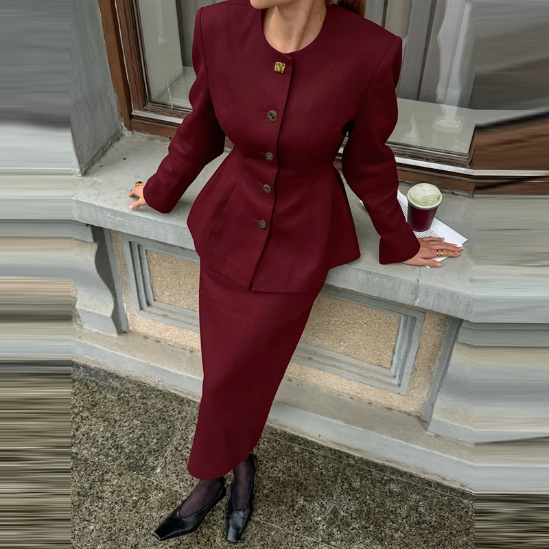 

Spring Summer New O-neck Long Sleeve Tops&Half Skirts Sets Sexy Pleated Women's Outfits Vintage Claret Slim Commute 2 Piece Sets