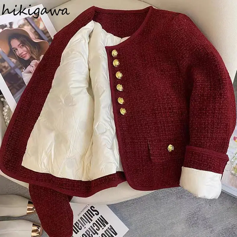 

Vintage Tweed Jackets for Women 2025 Winter Clothes Fashion O-neck Down Coats Ropa Mujer Thicked Warm Outwear Korean Tops Female