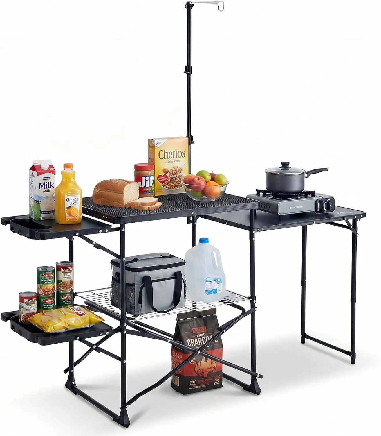 Portable Folding Camping Kitchen Station Outdoor Grill Table Camp Cook Heat Resistant Tabletop 3 Side Tables Storage Rack Telesc