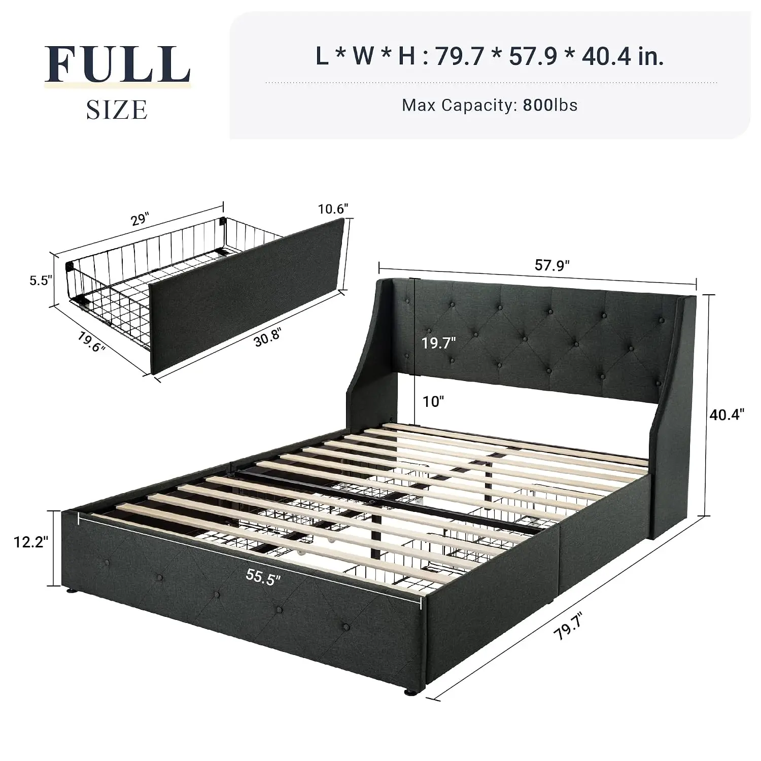 Full Size Bed Frame with 4 Storage Drawers & Wingback Headboard, Button Tufted, No Box Spring Needed, Dark Grey, Customized