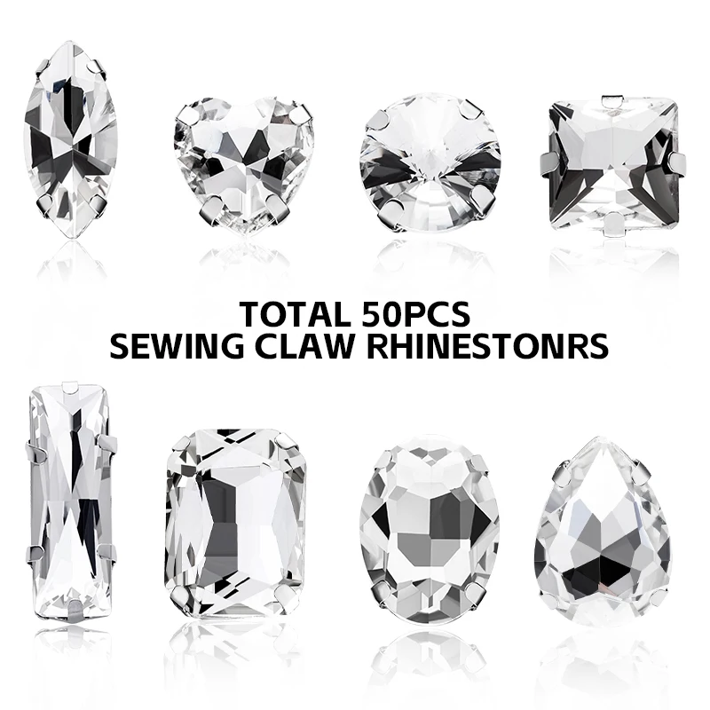 QIAO Mehrfachform Gemischte Größen Glas-Aufnähstränen Flache Rückseite Klare Kristallsteine für Hochzeitskleid-Accessoires – Detail 5