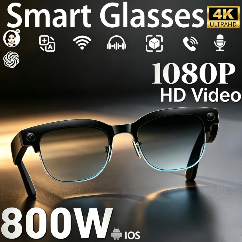 8MP HD Camera 4K UHD Metal Half Frame Glasses 4GB Memory Wi-Fi Image Transfer AI Real-Time Translation Waterproof Smart Glasses