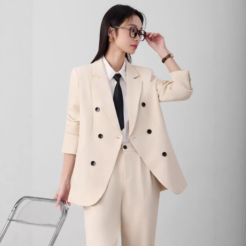 2026Black women's suit set, new spring and autumn double-breasted professional attire, formal interview wear, stylish commuting