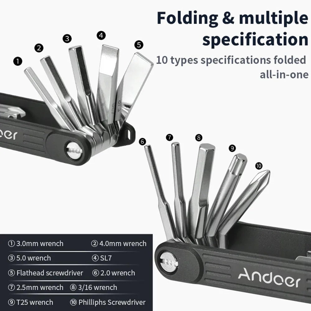 Andoer 10-in-1 Photographer Foldable Wrench  Multitool Set Folding Screwdriver Tool Set with Storage Bag multitool wrench