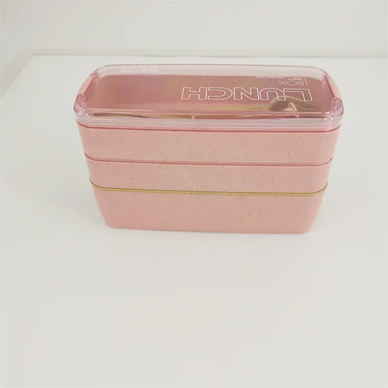 Kotak Makan Siang Bahan Sehat 3 Lapis Kotak Bento Jerami Gandum Kotak Makan Siang Wadah Penyimpanan Makanan Makan Malam Microwave 900Ml