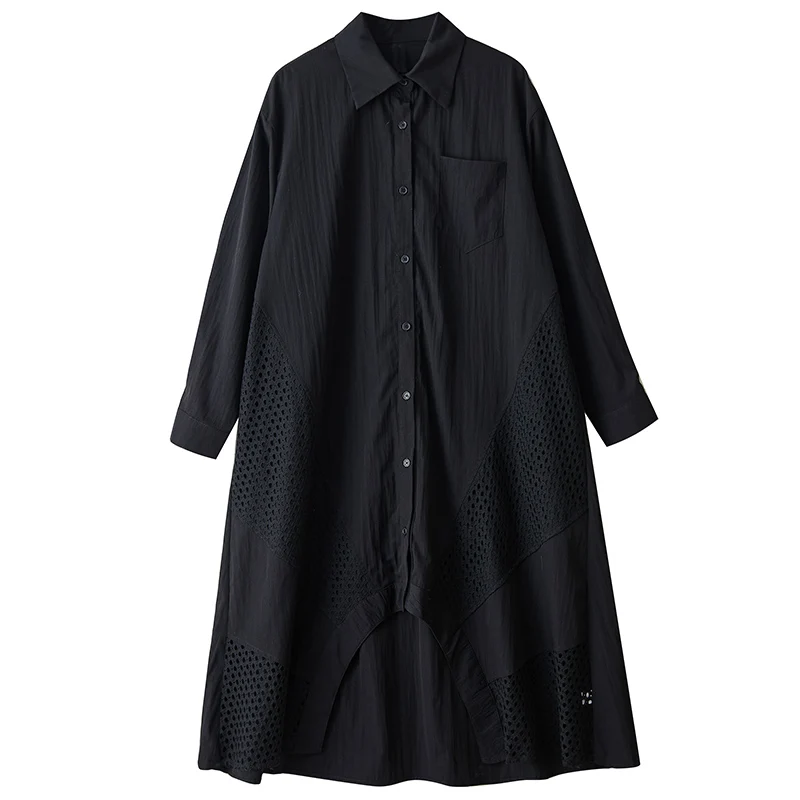 NYFS Abito camicia patchwork in rete vintage allentato taglie forti Autunno 2025 Abito da donna a maniche lunghe