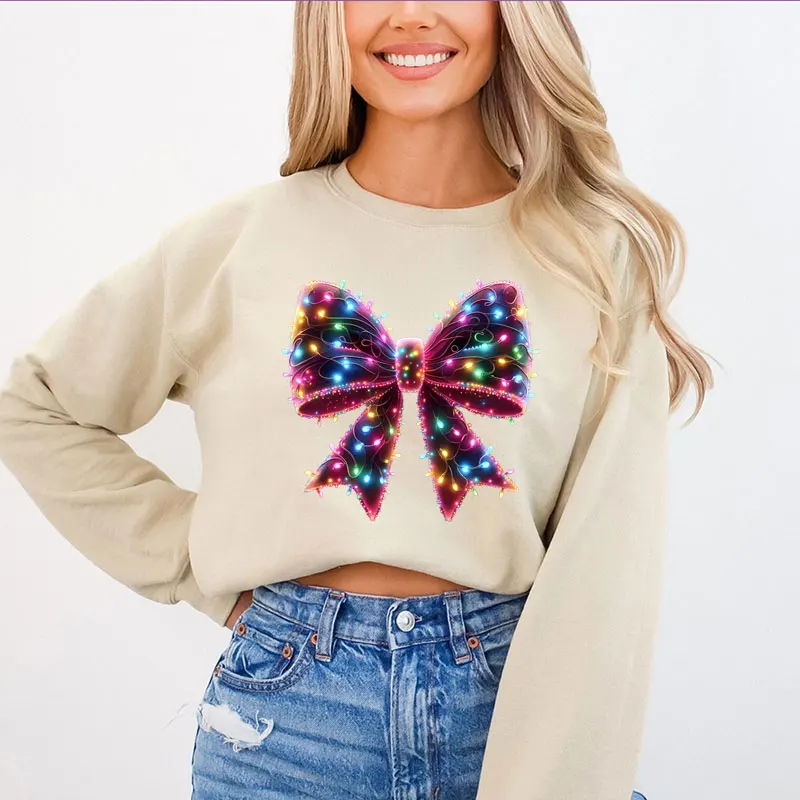 Christmas Lights Coquette Bow Print Sweatshirt Long Sleeve Round Collar Casual Sweatshirts Autumn Spring Oversized Women\'s Wear