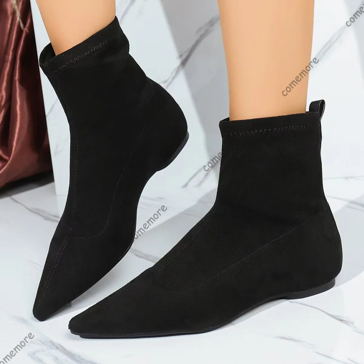 Comemore Temperament Pointed Short Boots for Women Autumn Winter New Suede Inner Height Fashion Ankle Boots Solid Women's Shoes