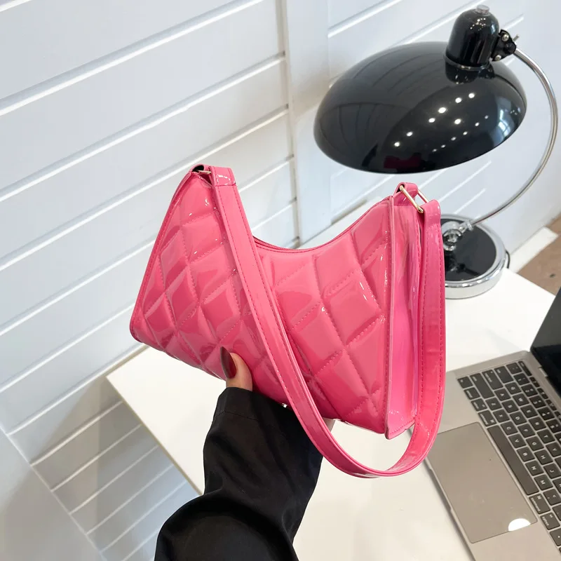 Pink Bags for Women Vintage Y2k Totes Shoulder Bags Glossy Leather Shopper Handbags Woman Rhombic Luxury Designer Bag Сумка