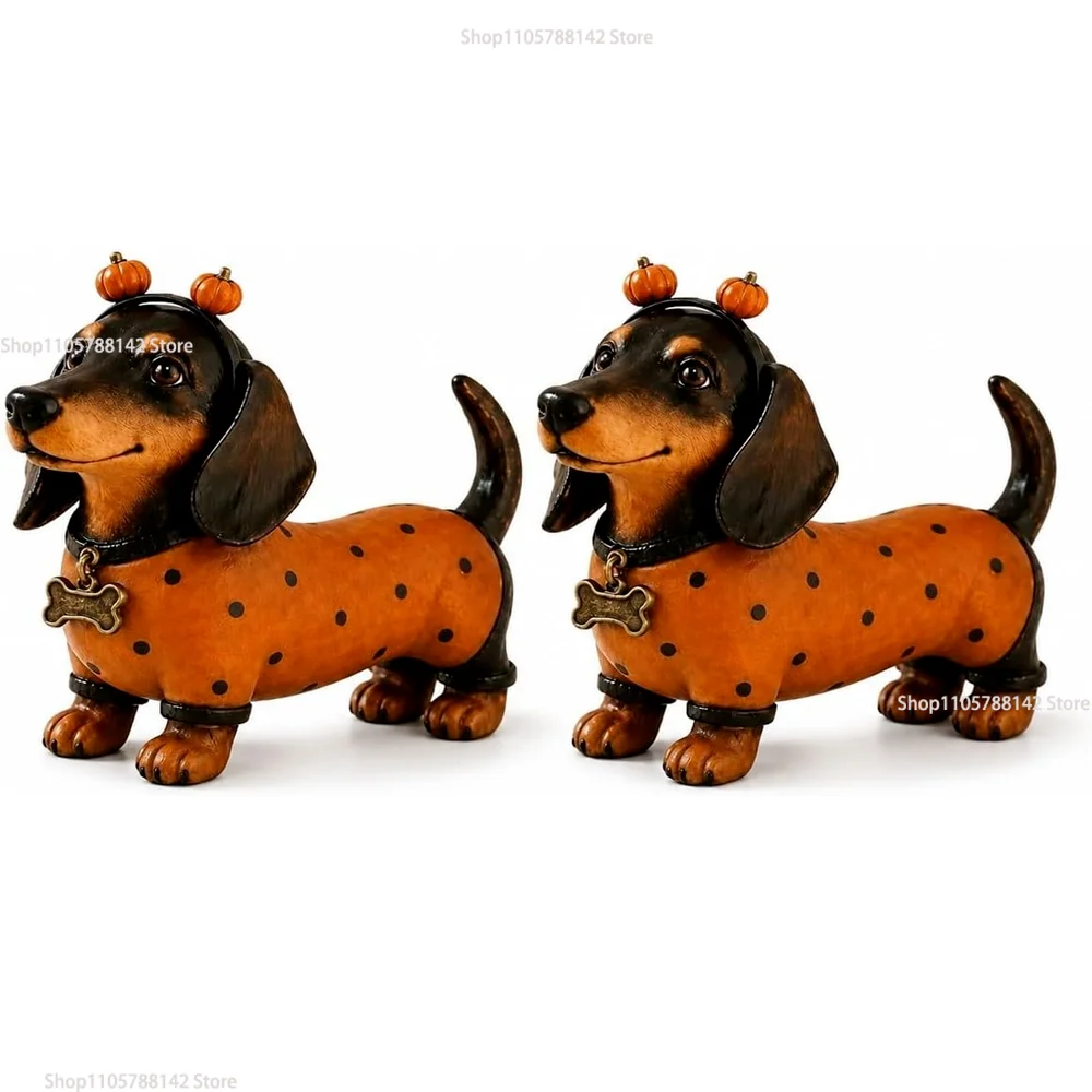 Halloween Dachshund Statue with Pumpkin Headband Polka Dot Out Dachshund Pumpkin Resin Figurine Festive Ornament for Desk