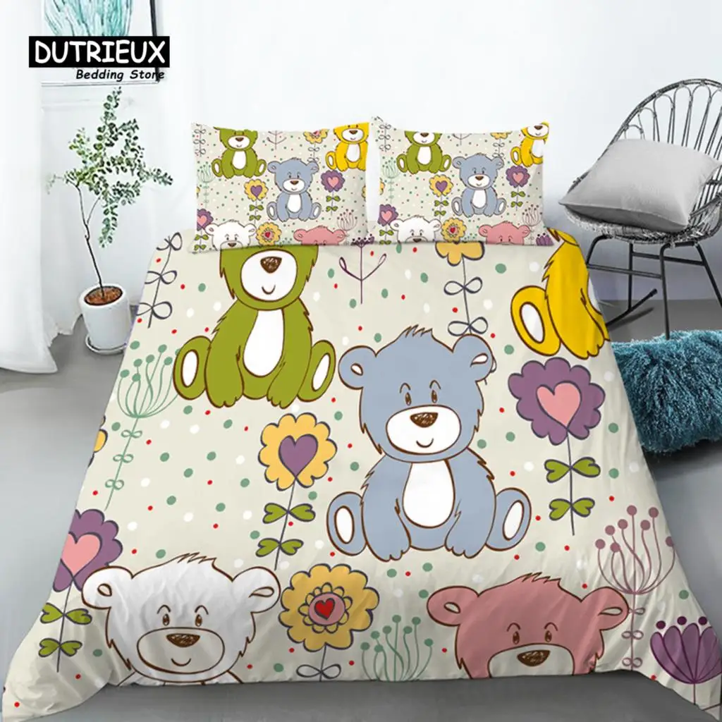 Funny Cartoon Animals Duvet Cover With Pillowcases Bear Chicken Rabbit Lions 3D Print Toddler Bedding Set For Kids Teens Decor