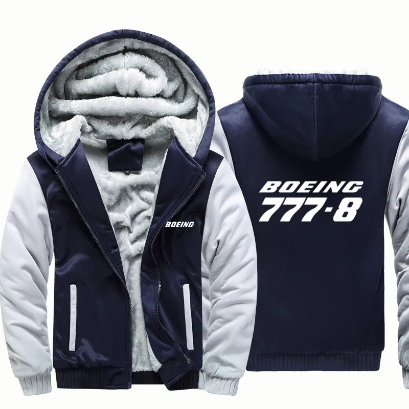 Boeing 777-8 Fleece Warm Wool Aviation Pilots Flight Men Coat Jackets Autumn Winter Zipper Hooded Thick Hoodies Sweatshirts