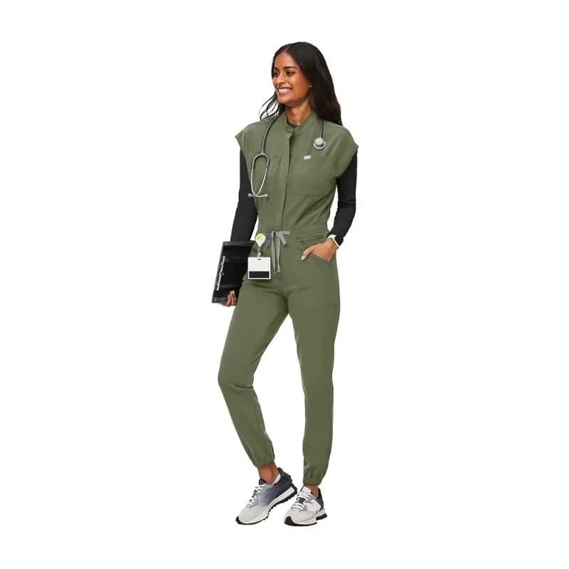 Zipper Mandarin Collar Nurse Scrub Jumpsuit Medical Uniforms Women Heathy Care Center Workwear Fashion Dentist Vet Outfits