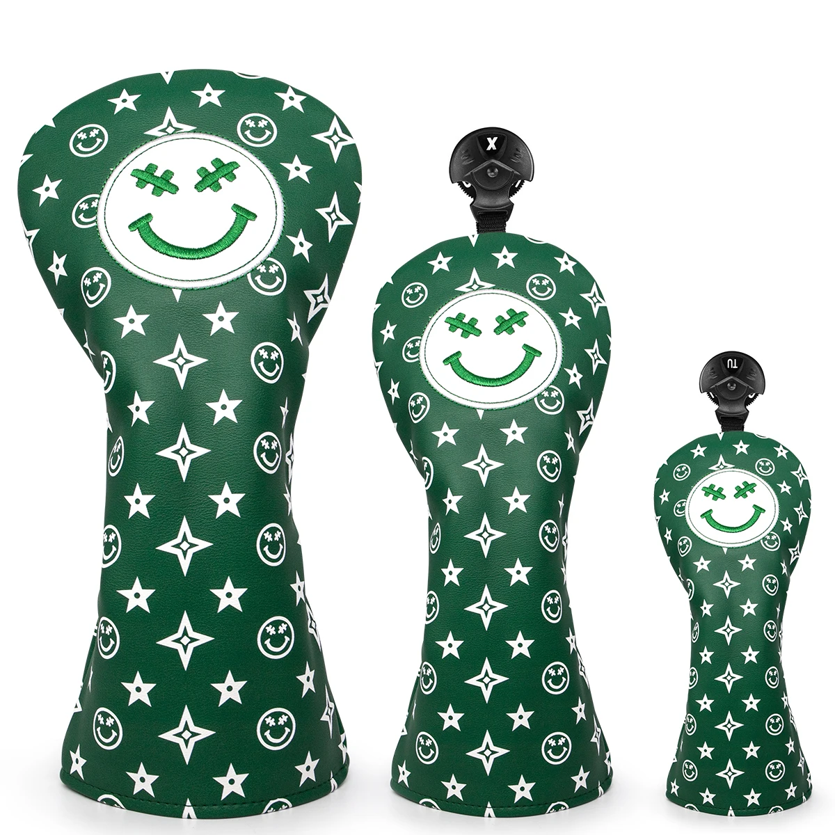 

Wholesale Golf Club Headcovers Green Lucky Smile Premium Leather Head Covers Set Golf Club Headcovers for Driver Fairway Hybrid