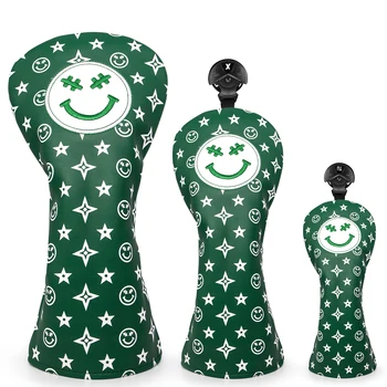 Wholesale Golf Club Headcovers Green Lucky Smile Premium Leather Head Covers Set Golf Club Headcovers for Driver Fairway Hybrid