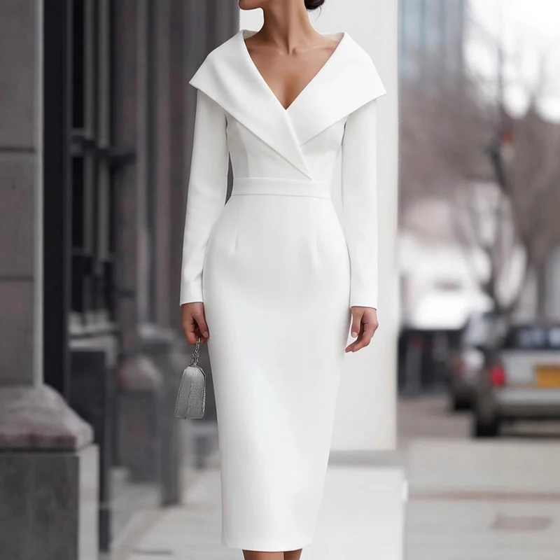 Elegante manga longa cor sólida a linha vestido moda cintura alta simples vestidos de festa temperamento com decote em v fino comute midi vestido