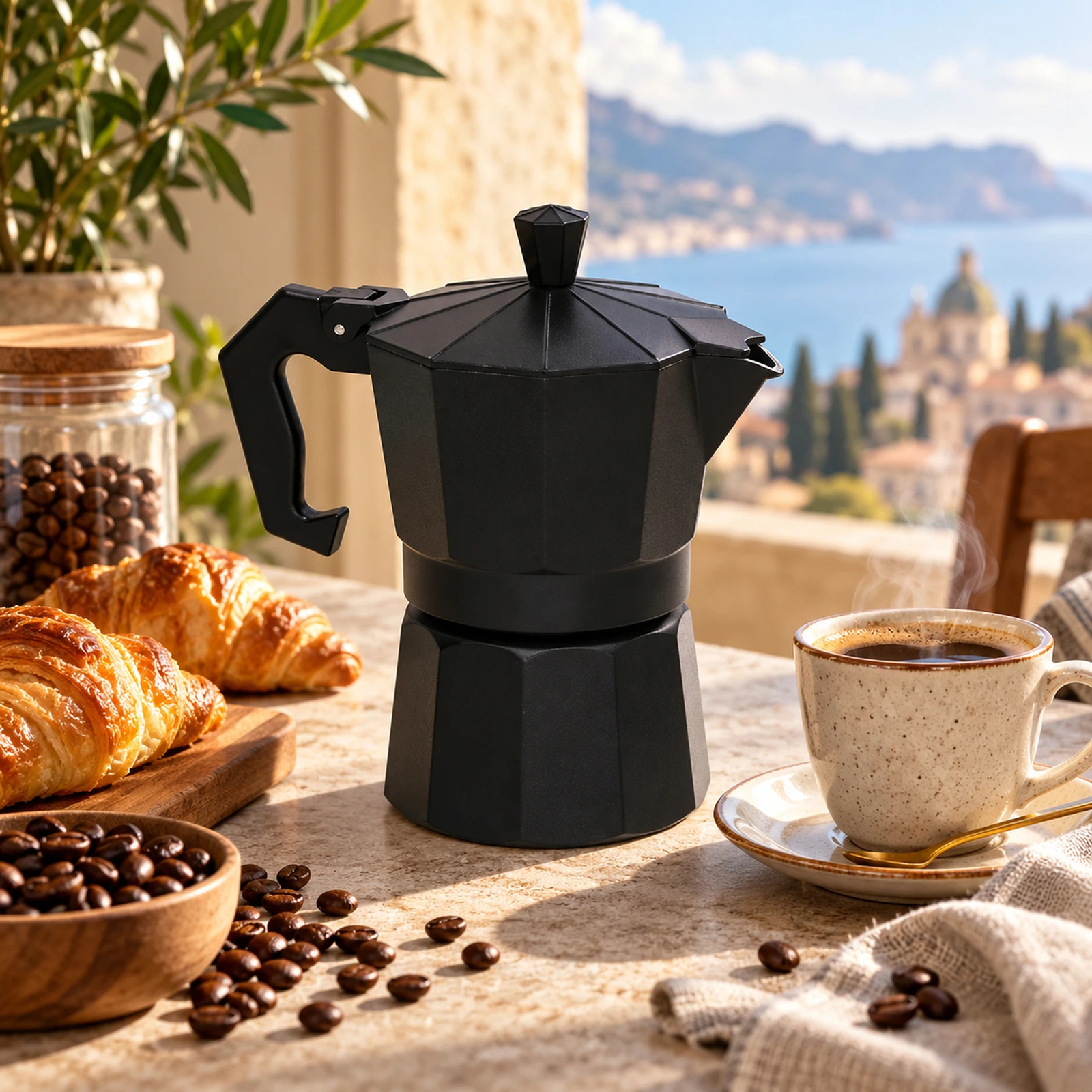 Cafetera Italiana de Aluminio en Color Negro para Espresso Tradicional, Moka Pot Clásica con Mango Ergonómico para Cocina y Camping, Disponible en Tamaños de 15.5 cm y 19 cm