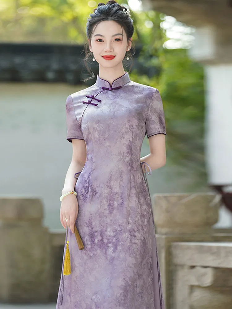 

Фиолетовое платье в ретро-стиле, новая китайская версия, женское летнее платье, элегантное повседневное, из смесовой полиэстеровой ткани, с эффектом похудения