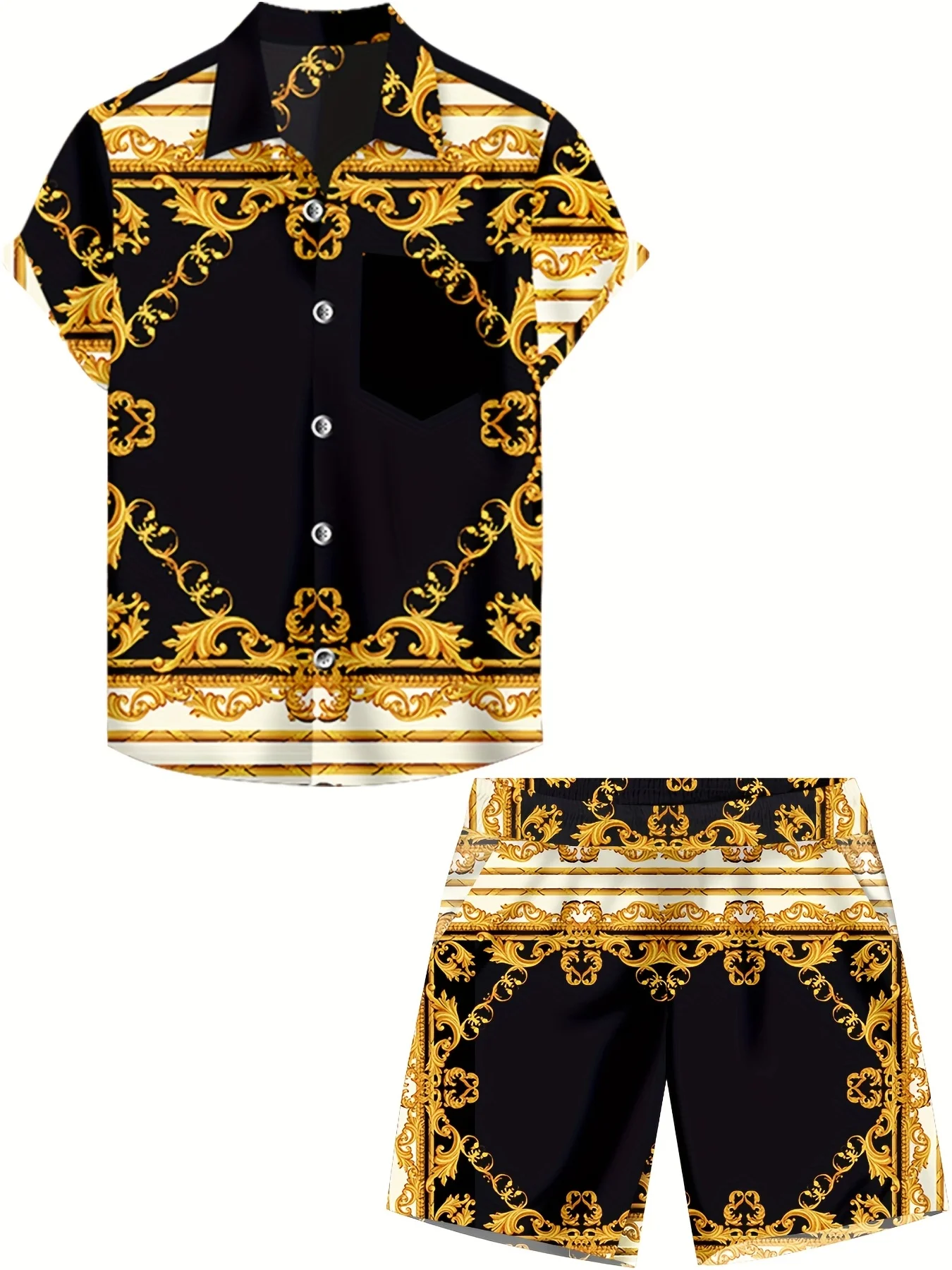 Conjunto de camisa con estampado 3d para hombre, traje Hawaiano de manga corta con rayas de Metal, pantalones cortos informales de gran tamaño para