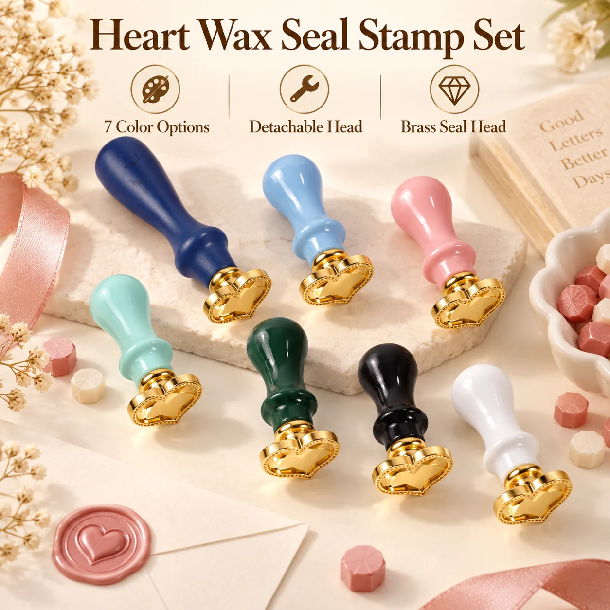 Wax Seal Stamp Heart Shaped 7 Colors Removable Brass Head for Wedding Invitations Envelope Sealing Party Decor Gift Wrap