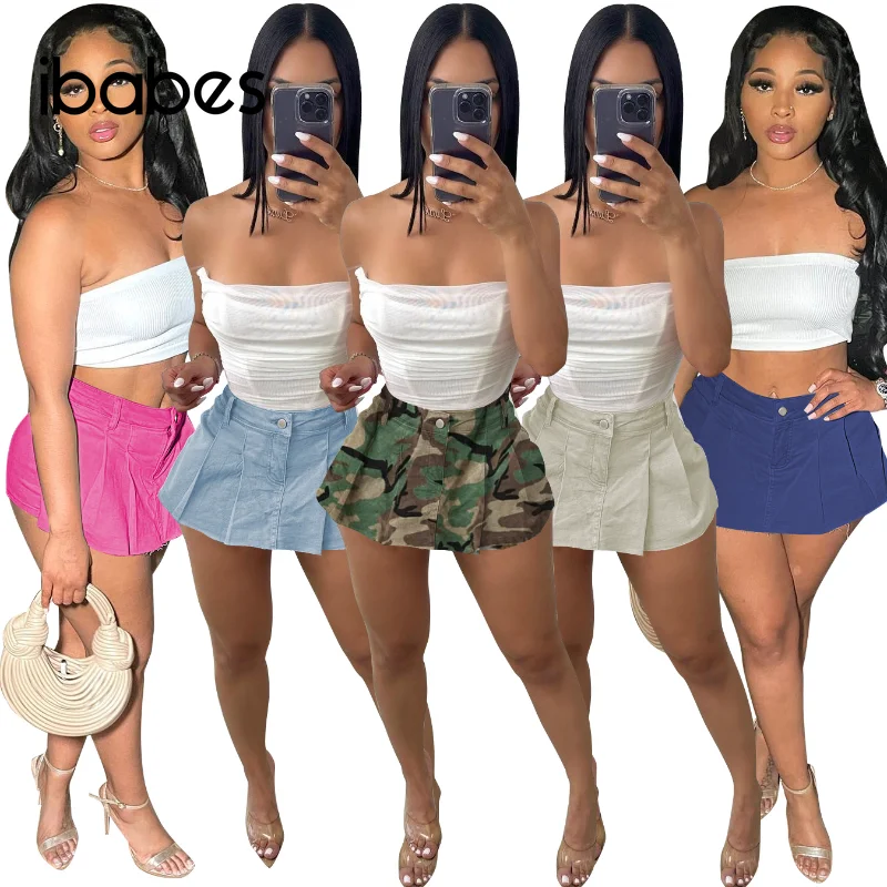 Denim Pleated Mini Hip Skirts Women High Waist Stretchy Cargo A Line Skirt 2023 Summer Streetwear Sexy Night Club Party Vestidos