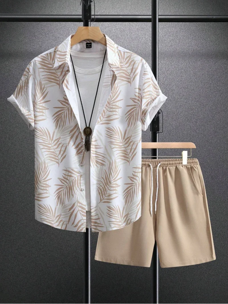 

Summer Fashion Men's Suit Plant Printing Pattern Short-sleeved Lapel Shirt And Drawstring Shorts Leisure Two-piece Suit