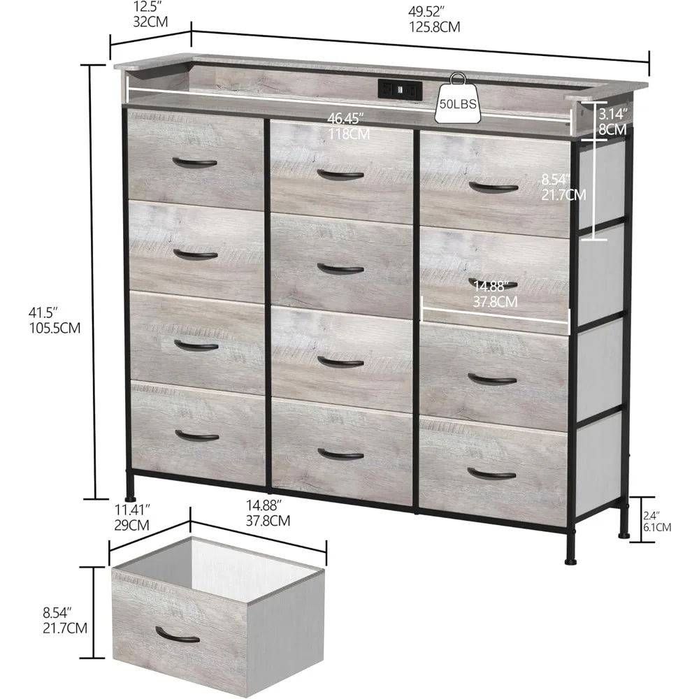 Bedroom dresser with 12 drawers Clothes dresser with charging station and LED lights Fabric storage tower Gray