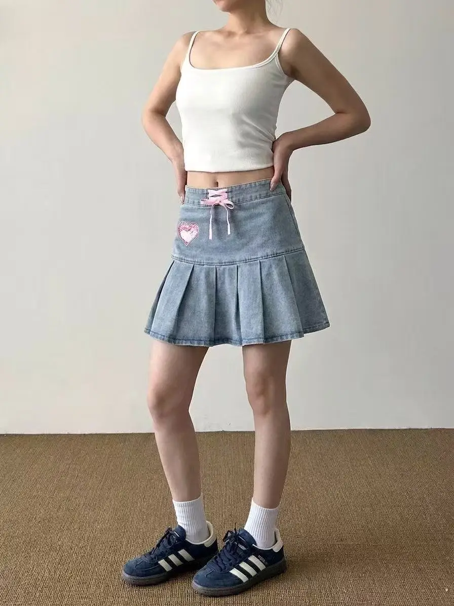 Summer Women Midi Skirts A-line Pleated Denim Skirts Kpop Jean 2000s Chic Korean Y2k American Retro Harajuku College Style New