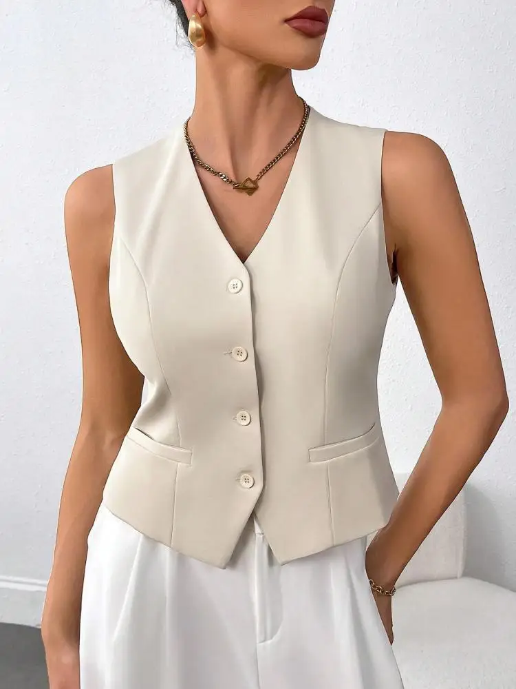 

Korean Women Fashion Beige V Neck Single Breasted Short Vest Clothing Spring Summer Sexy Sleeveless Office Lady Tank Tops Casual