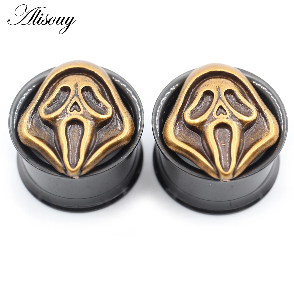 Alisouy 2PCS Stainless Steel Hollow Ghost Mask Flared Ear Tunnels Plugs Expanders Stretcher Gauges Earring Piercing Body Jewelry