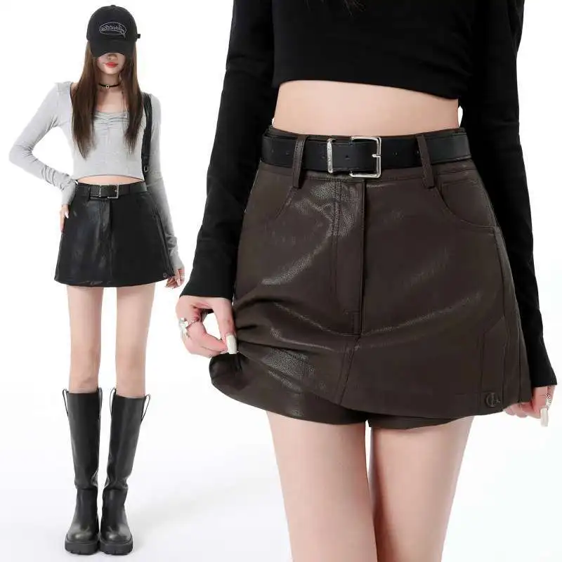 Fashionable Retro Hot Girl High Waist PU Leather Short Skirt Pants Women's Slim Fit A-Line Wrap around Shorts Casual Style