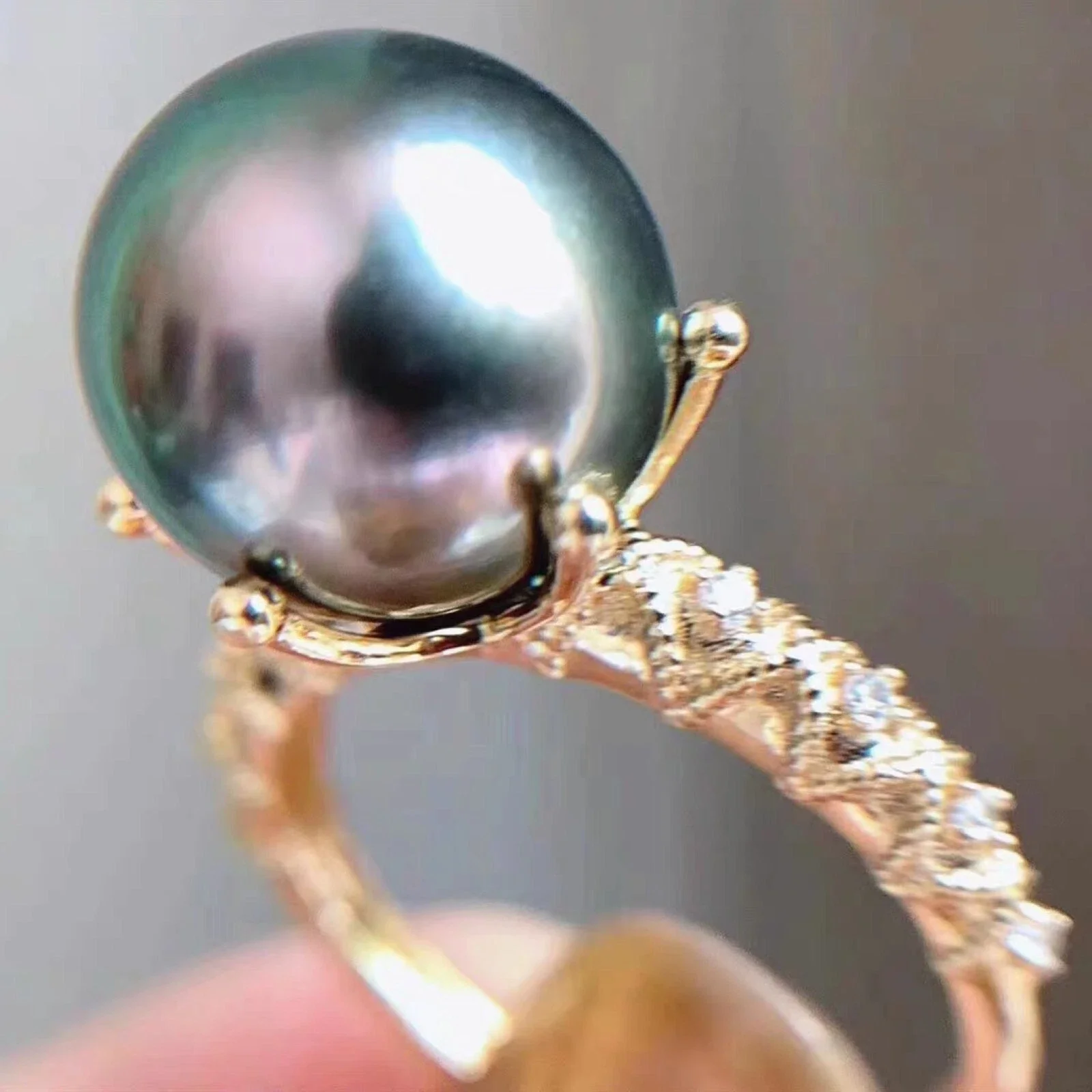 

Beautiful ring AAAA+9-10mm10-11mm natural Tahitian black round opening pearl ring 925S