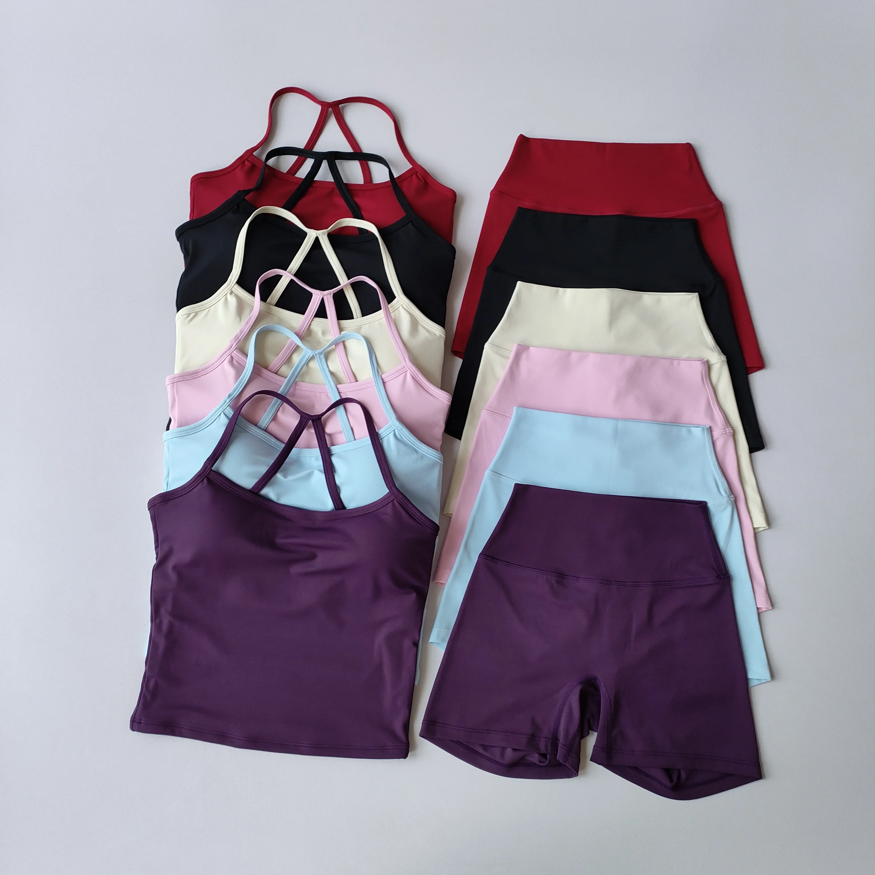2PCS Yoga Set Nude Sports Bras Longline Strappy Tank Top Scrunch Sports High Waisted Shorts Gym Clothes Summer Workout Outfits