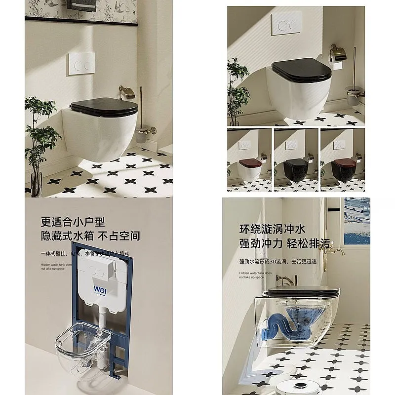 Modern Wall Hung Toilet with Hidden Tank and Solid Wood Seat Cover, Space-Saving Embedded Design